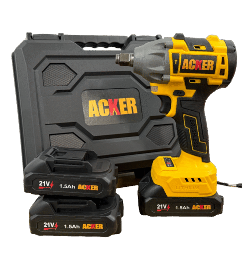 Llave de impacto inalámbrica Acker Tools 320Nm con 3 baterías de 21V 1.5Ah y cargador rápido, ideal para trabajos mecánicos y uso profesional.
