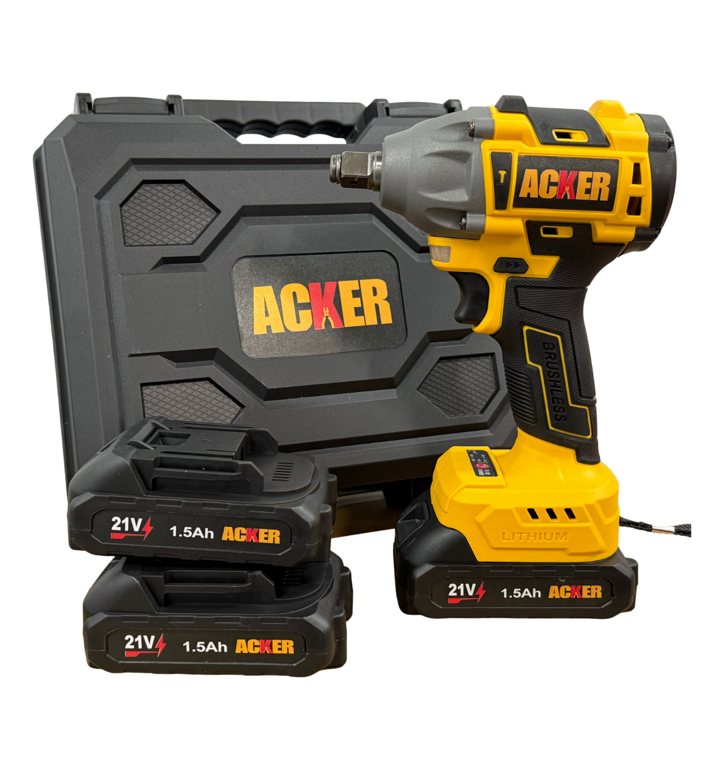 Taladro inalámbrico Acker Tools de 21V con 3 baterías de litio recargables, ideal para perforación, atornillado y trabajos profesionales sin interrupciones.