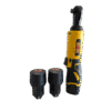 Llave de chicharra eléctrica Acker Tools 12V con torque de 80Nm y 3 baterías de litio recargables, ideal para trabajos en espacios reducidos.