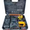Taladro inalámbrico Acker Tools 21V con maleta abierta, mostrando sus 3 baterías, cargador y accesorios incluidos en el kit.
