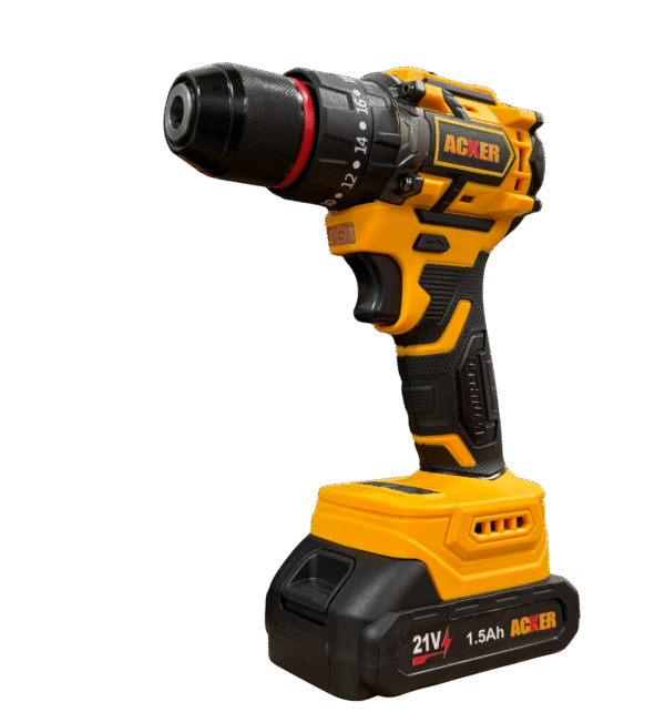 Vista lateral del taladro inalámbrico Acker Tools 21V, diseño ergonómico y compacto ideal para trabajos de perforación y atornillado.