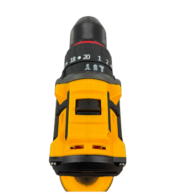 Vista superior del kit completo del taladro inalámbrico Acker Tools 21V, con 3 baterías, cargador, brocas y accesorios organizados.