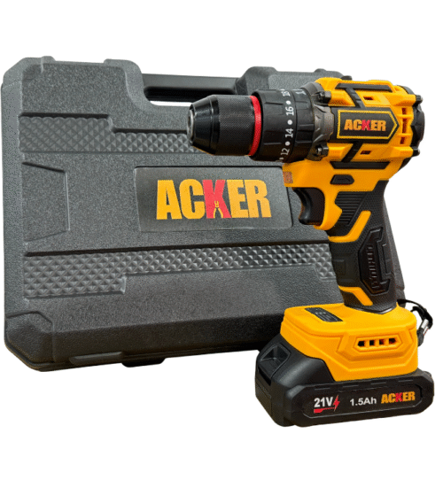 Taladro inalámbrico Acker Tools de 21V con 3 baterías de litio recargables, ideal para perforación, atornillado y trabajos profesionales sin interrupciones.