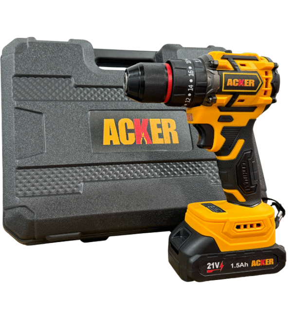 Taladro inalámbrico Acker Tools de 21V con 3 baterías de litio recargables, ideal para perforación, atornillado y trabajos profesionales sin interrupciones.